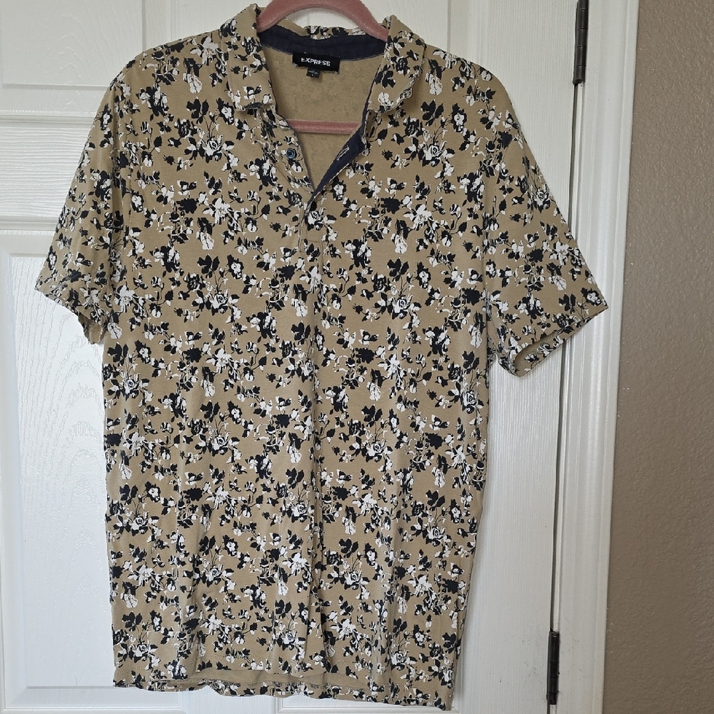 Express Tan Polo Shirt with Black & White Floral Print